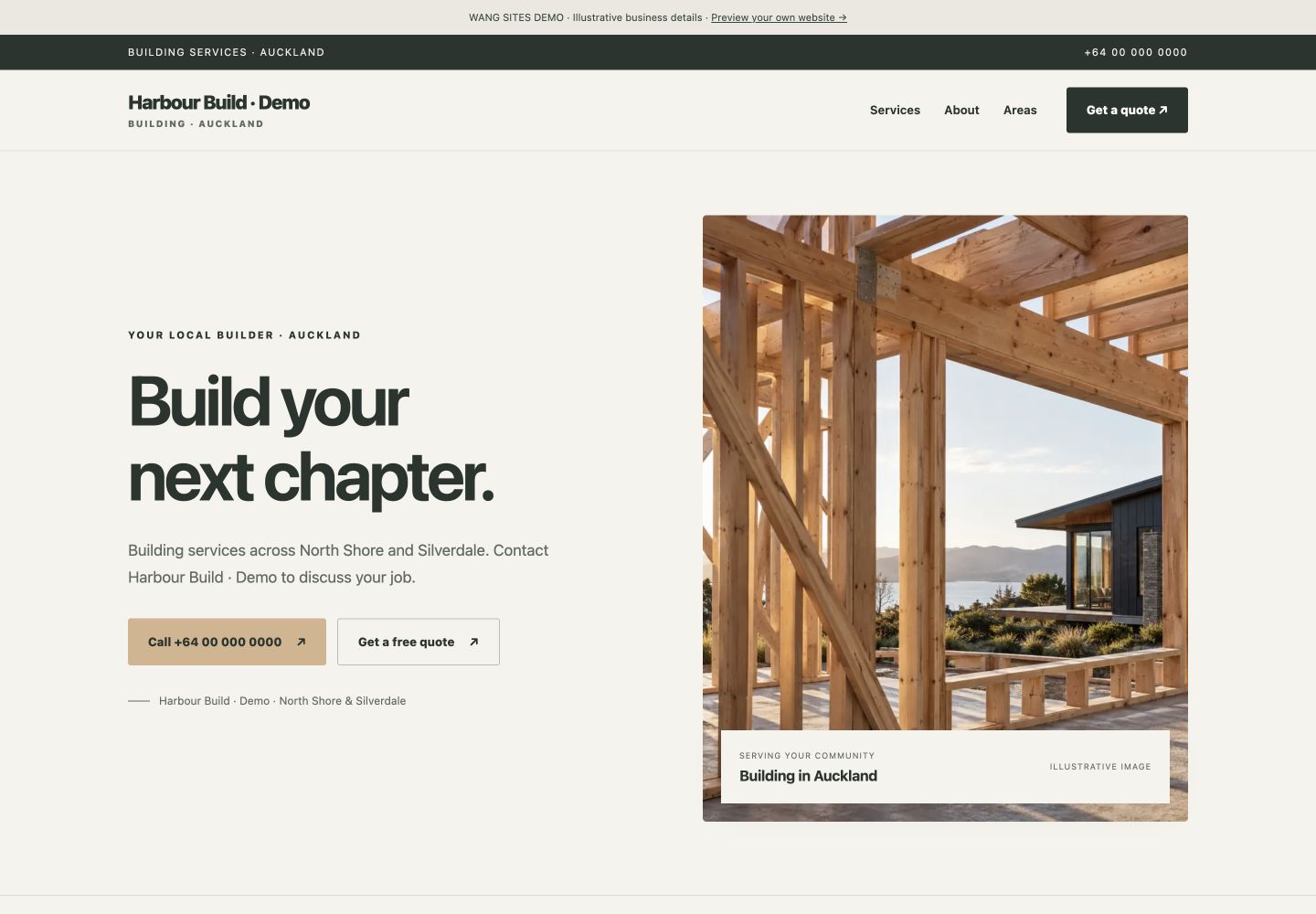 Screenshot of the Harbour Build demo website, showing its headline, services and industry image