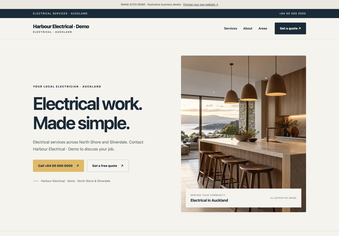 Screenshot of the Harbour Electrical demo website, showing its headline, services and industry image