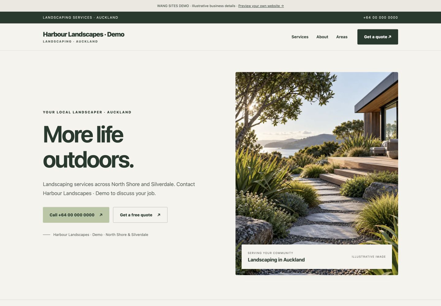 Screenshot of the Harbour Landscapes demo website, showing its headline, services and industry image